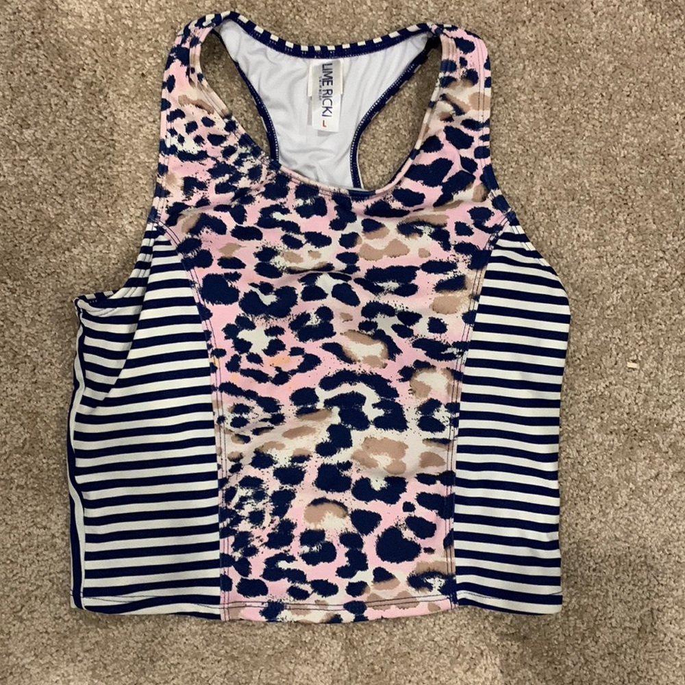 Lime Ricki racer back crop tankini Large animal print modest navy pink stripe